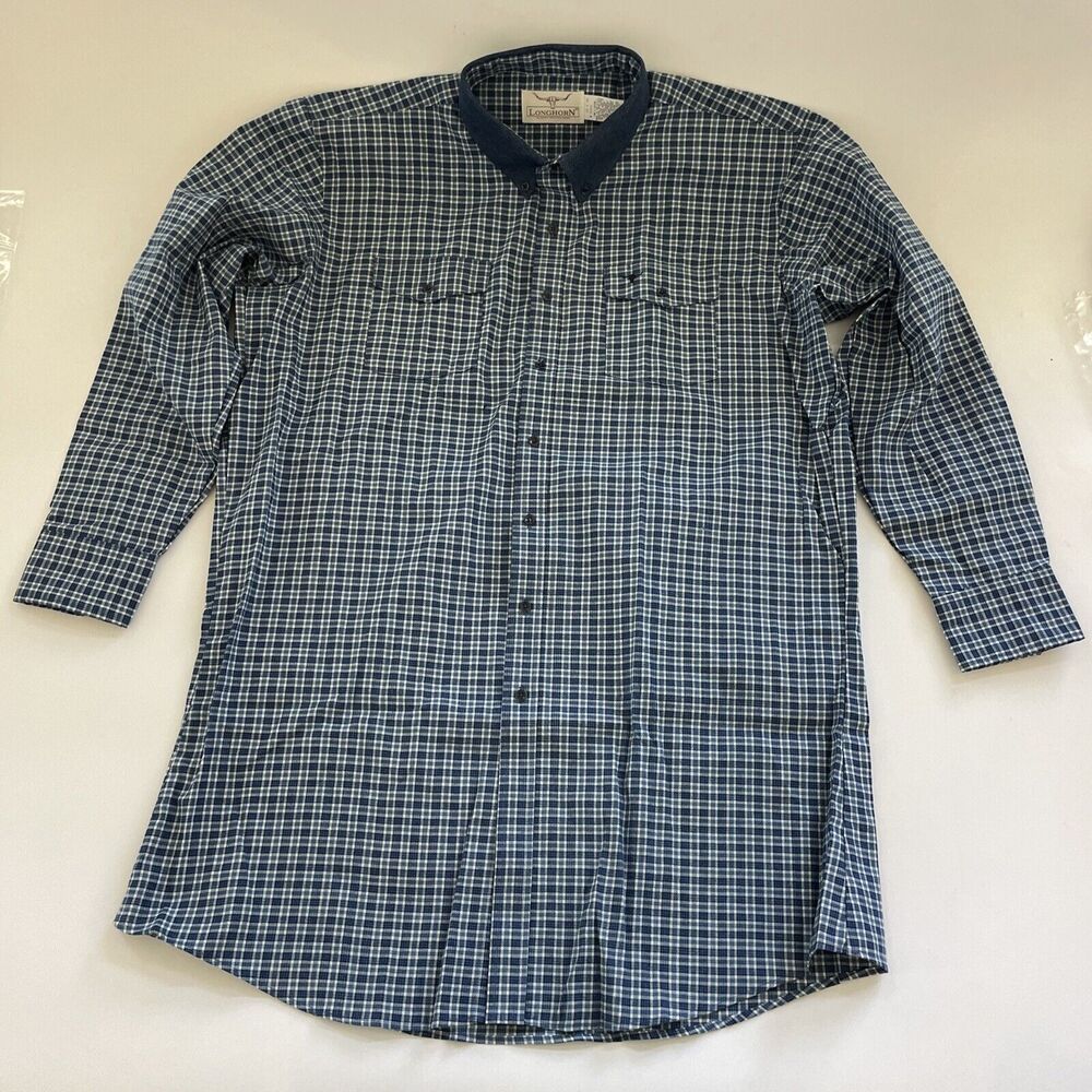 Vintage Longhorn Shirt 18x35 Button Down Western‎ Rodeo Casual Chore Coat COTTON